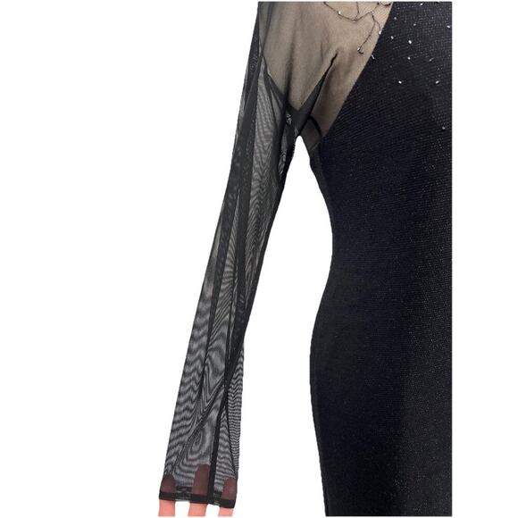 90s Vtg Black Sheer Sleeve Beaded Shimmer Fitted Maxi Dress Goth Whimsigoth 8 - Picture 4 of 15